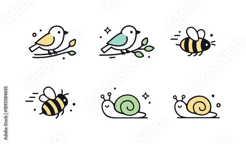Spring Wildlife Icons. Early spring wildlife icons. A compact set of minimal pictograms with birds on branches, bees, and snails, representing slow and gentle