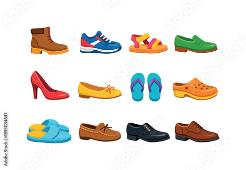 Colorful Footwear Icons. Footwear. Colorful flat vector icons set of footwear: boot, sneaker, sandal, loafer, high heel, flat shoe, slipper, flip flop, clog,
