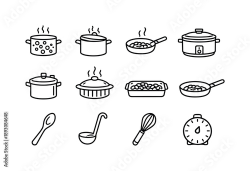 Bean Cooking Icons. Bean Cooking Methods. Line icon set of Bean Cooking Methods: boiling pot, simmering pot, saute pan, slow cooker, pressure cooker, steaming