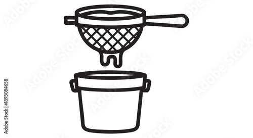 Illustration of a strainer pouring liquid into a bucket from above viewpoint