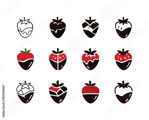 Chocolate Strawberry Icons. Chocolate-dipped strawberries. Icon set. Set Logo of Chocolate-dipped strawberries: strawberry half dipped in chocolate. harmonious