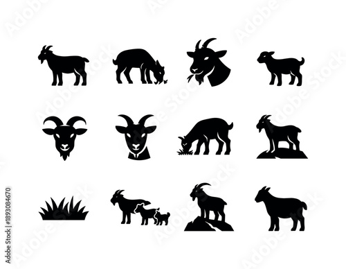 Grazing Goats Icons. Goats grazing. Solid icon set of Goats grazing: standing goat, grazing goat, goat chewing, baby goat, goat with horns, goat head, goat
