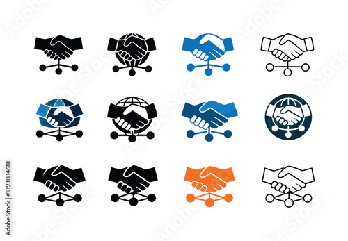 Remote Team Logos. Remote team collaboration. Icon set. Set Logo of Remote team collaboration: handshake over network. harmonious logo variations of the same
