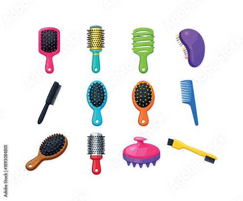 Colorful Hairbrush Icons. Types of hairbrushes. Colorful flat vector icons set of types of hairbrushes: paddle brush, round brush, vented brush, detangler