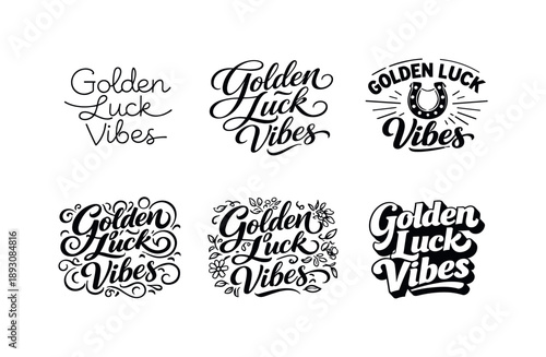 Golden Luck Grid. Golden Luck Vibes. Set lettering. harmonious lettering variations of the same emblematic concept, each with different artistic interpretation