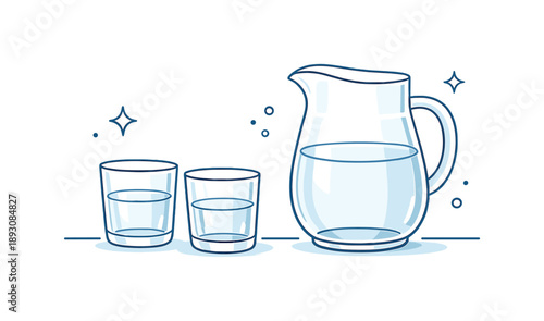 Minimalist Glass Elegance. Clear glass containers. A minimal table setting with a clear glass pitcher and two tumblers, softly catching light, evoking purity,