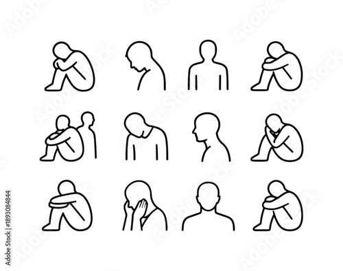Silent Despair Icons. Silent Despair. Line icon set of Silent Despair: quiet sorrow figure, bowed head silhouette, empty shadow person, still sadness icon,