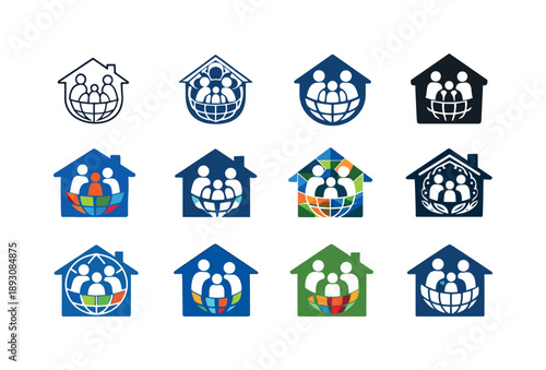 Multicultural Family Icons. Raising children in multicultural families. Icon set. Set Logo of Raising children in multicultural families: home with global