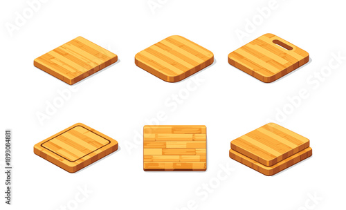 Isometric Bamboo Boards. Bamboo Cutting Board. Isometric flat vector icons set of Bamboo Cutting Board: bamboo cutting board slab, rounded corner board, handle