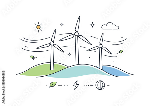 Stylized Wind Turbines. Wind energy concept. A group of stylized wind turbines placed on soft hills, suggesting clean movement and sustainable energy