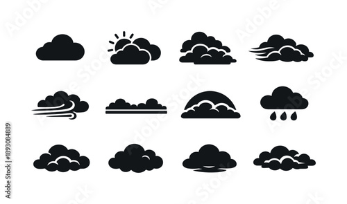 Cloudy Icons Set. Cloudy Day Atmosphere. Solid icon set of Cloudy Day Atmosphere: daytime cloud, sun behind thick clouds, layered cloudscape,