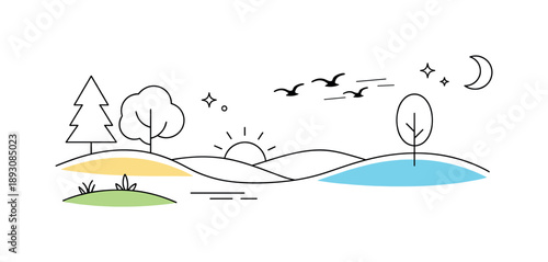Minimalist Nature Silhouettes. Nature silhouettes and outlines. A calm editorial composition with simple silhouettes of trees, hills and birds drawn in thin