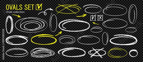 Chalk oval and circle highlight. Crayon pencil underline with arrow, stroke, mark, oval frame. Hand drawn line by brush, marker, chalk on transparent chalkboard bg. Doodle kid scribble circle emphasis