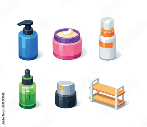Professional Haircare Icons. Professional Haircare. Isometric flat vector icons set of Professional Haircare: salon-grade shampoo pump, deep treatment mask