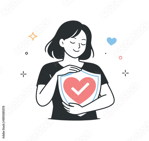 Strong Woman Illustration. Strong women concept illustration. A woman holding a symbolic shield or heart icon, representing emotional strength and