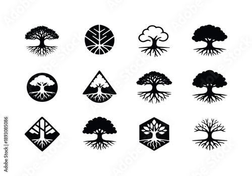 Tree Logo Variations. tree with deep roots. Icon set. Set Logo of tree with deep roots: strength and balance. harmonious logo variations of the same emblematic