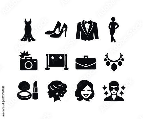 Red Carpet Icons. Red Carpet Glamour. Solid icon set of Red Carpet Glamour: glamorous dress, star heels, formal suit, fashion pose, camera flash, photo