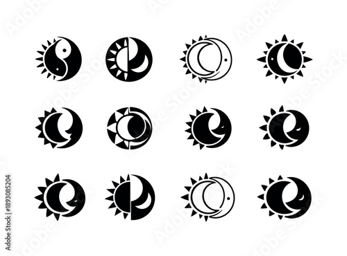 Work-Life Balance Icons. Work-life balance. Icon set. Set Logo of Work-life balance: sun and moon harmony symbol. harmonious logo variations of the same