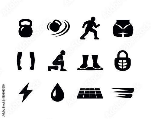 Power Workout Icons. Power Workout. Solid icon set of Power Workout: kettlebell, explosive swing arc, athlete silhouette, strong hips icon, straight arms, bent