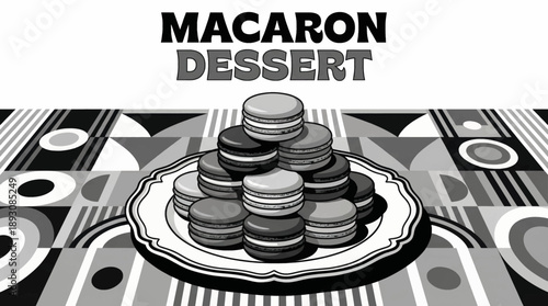 stacked macarons black and white vector illustration, perfect for premium dessert branding and modern packaging