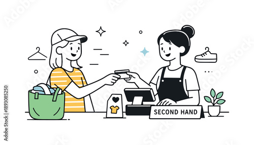 Sustainable Shopping Scene. Second hand shopping. A customer paying at the counter with a reusable bag beside them. Friendly exchange and everyday sustainable