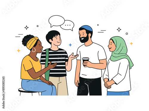 Cultural Harmony. Celebrating cultural diversity. People in everyday clothes with small cultural details, like headscarves, hairstyles, or accessories, talking