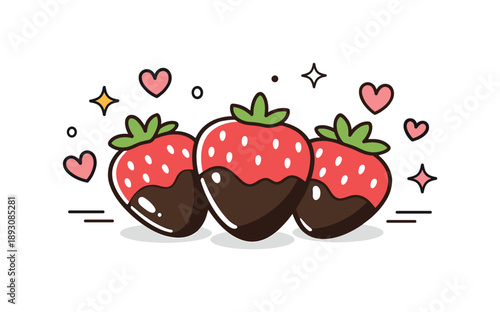 Sweet Strawberry Love. Valentine?s Day Food and Sweets Motifs. Playful illustration of strawberries dipped in chocolate, surrounded by tiny hearts. Light