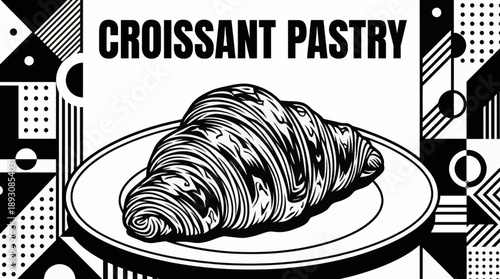 croissant pastry with layered dough detail black and white vector illustration, designed for breakfast menus and bakery visuals