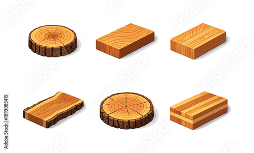 Timber Cuts Icons. Timber Cuts. Isometric flat vector icons set of Timber Cuts: end grain cut, plain sawn cut, quarter sawn cut, live edge slab texture,