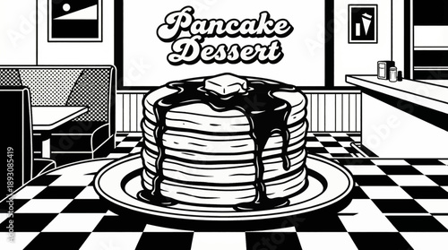 stacked pancakes with syrup detail monochrome vector illustration, ideal for brunch menus and food branding