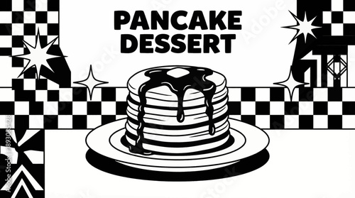 stacked pancakes with syrup detail monochrome vector illustration, ideal for brunch menus and food branding