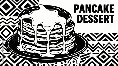 stacked pancakes with syrup detail monochrome vector illustration, ideal for brunch menus and food branding