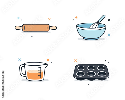 Bakeware Icons Collection. Bakeware flat icons. Simple baking tools like rolling pin, mixing bowl, measuring cup, and baking tray shown as a cohesive set. Calm