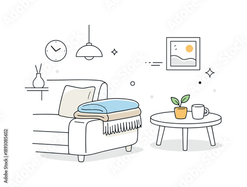 Minimalist Textile Styling. Living room textile styling. Folded wool blanket placed on a sofa arm, adding warmth to a minimal interior. Balanced composition