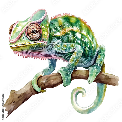 watercolor of Chameleon painting, isolated on a white background.