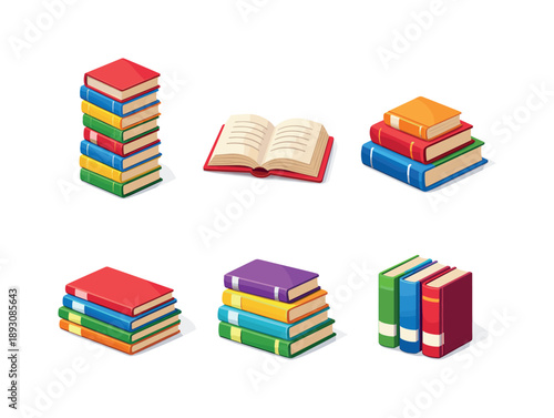 Colorful Library Book Grid. Library books. Isometric flat vector icons set of library books: tall book stack, open book with pages, reference books pile,