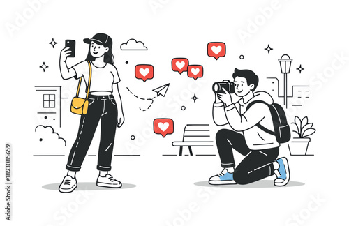 Influencers' Urban Poses. Street-style photo shoot. Casual influencers snapping pictures for social media, confident poses and light smiles, simple city