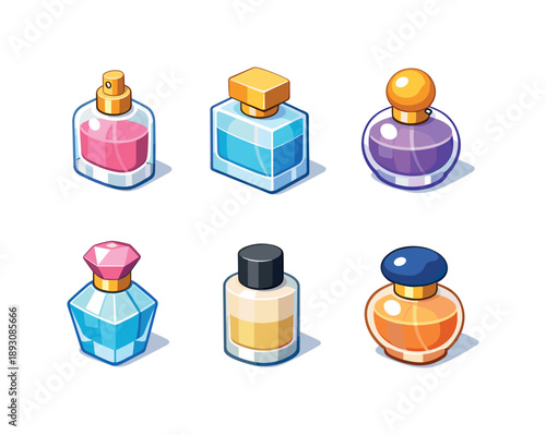 Perfume Icon Grid. Perfume bottle. Isometric flat vector icons set of perfume bottle: glass perfume bottle with spray, square perfume bottle, round perfume