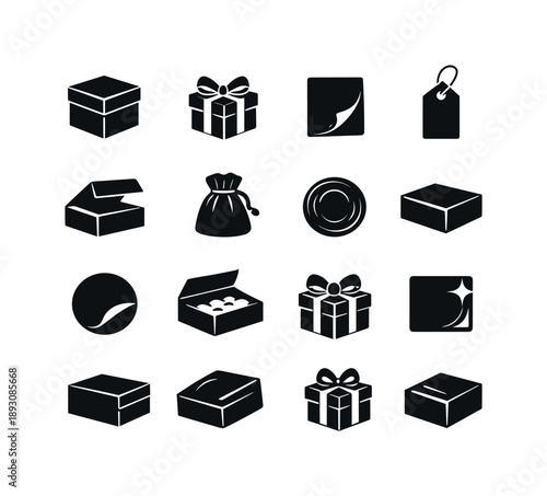 Luxury Packaging Icons. Luxury Packaging. Solid icon set of Luxury Packaging: premium box, ribbon wrap, gold foil icon, elegant tag, magnetic lid, fabric