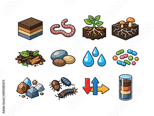 Soil Ecosystem Icons. Soil ecosystem. Colorful isometric vector icons set of soil ecosystem: soil layers, earthworms, plant roots, fungi network, pebbles,