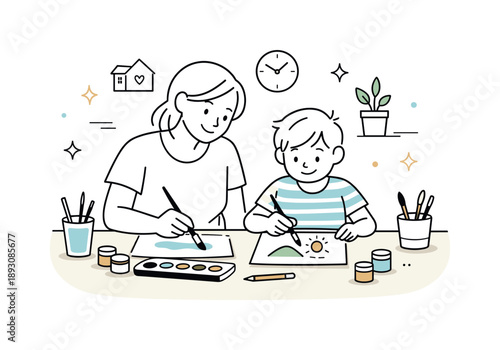 Creative Family Bonding. People painting at home. An adult and child painting side by side at a kitchen table. A gentle learning moment and joyful creative