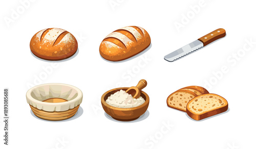 Sourdough Essentials Icons. Sourdough Bread. Isometric flat vector icons set of sourdough bread: round sourdough loaf, scored bread crust, bread slicing knife,