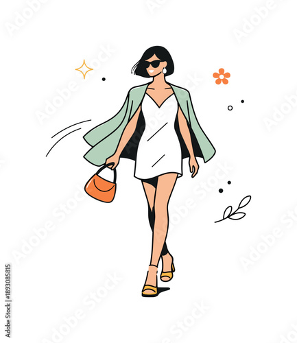Elegant Minimal Fashion Illustration. Spring fashion minimal illustration. A simple runway-style pose with a single model, emphasizing silhouette and movement.