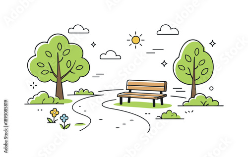 Spring Park Tranquility. Spring park scene. Trees with fresh leaves, a simple path and a bench, relaxed everyday landscape suggesting calm walks and seasonal