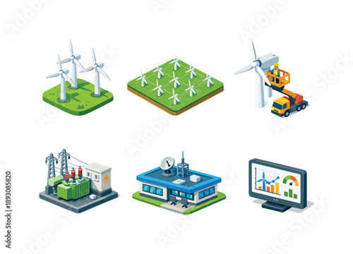Colorful Wind Farm Icons. Wind farm. Isometric flat vector icons set of wind farm: group of wind turbines, turbine layout grid, maintenance service platform,