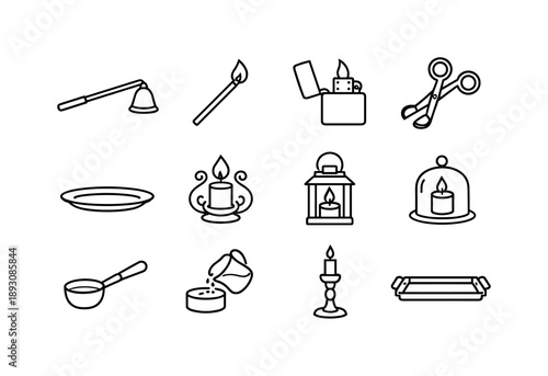 Candle Accessory Icons. Candle Accessories. Line icon set of Candle Accessories: candle snuffer, matchstick, lighter, wick trimmer, candle plate, decorative