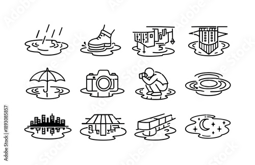 Puddle Reflection Icons. Puddle Reflection Shots. Line icon set of Puddle Reflection Shots: rain puddle, shoe step, street reflection, building upside down,