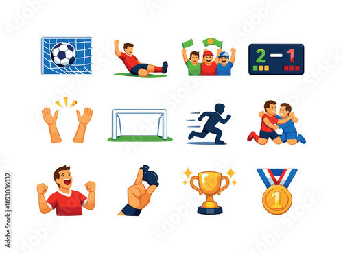 Match-Winning Icons. Match-winning goal. Colorful flat vector icons set of Match-winning goal: ball inside net, player slide, cheering fans, digital