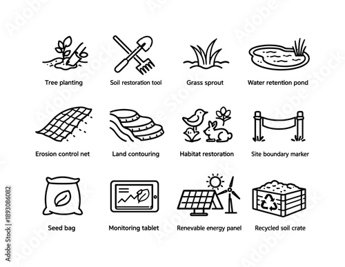 Mine Site Reclamation Icons. Mine site reclamation. Line icon set of Mine site reclamation: tree planting, soil restoration tool, grass sprout, water retention
