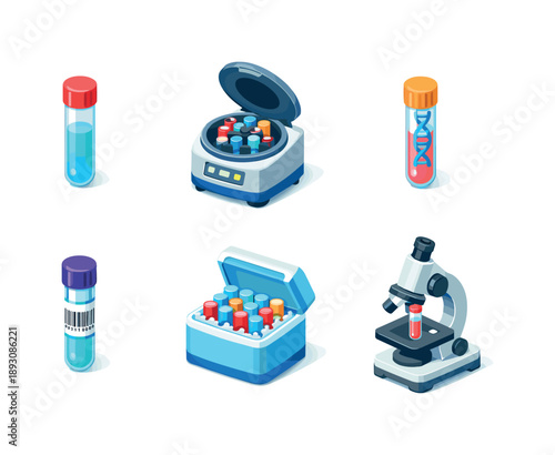 Biotech Lab Icons. Biotech lab. Isometric flat vector icons set of biotech lab: sterile test tube, test tube in centrifuge, DNA sample in test tube, test tube
